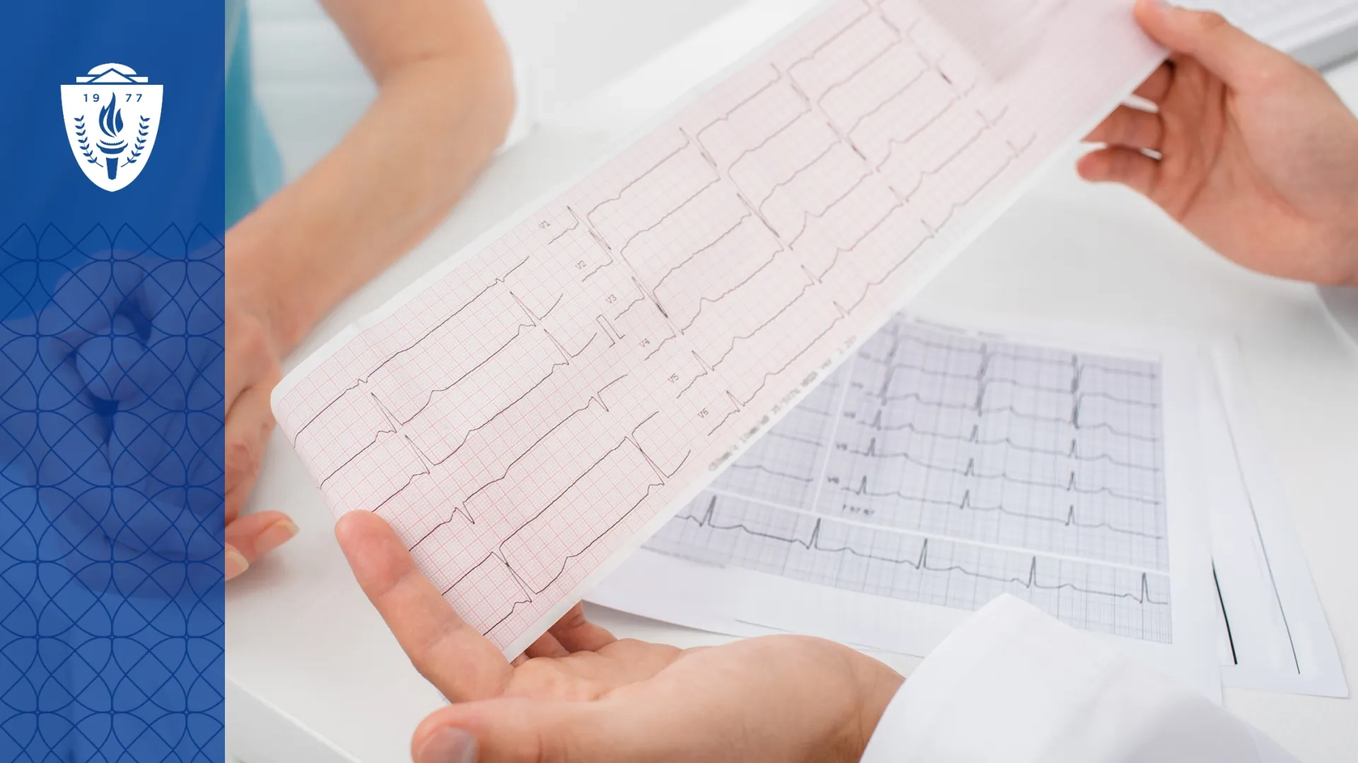 Close up of medical professional looking at EKG results