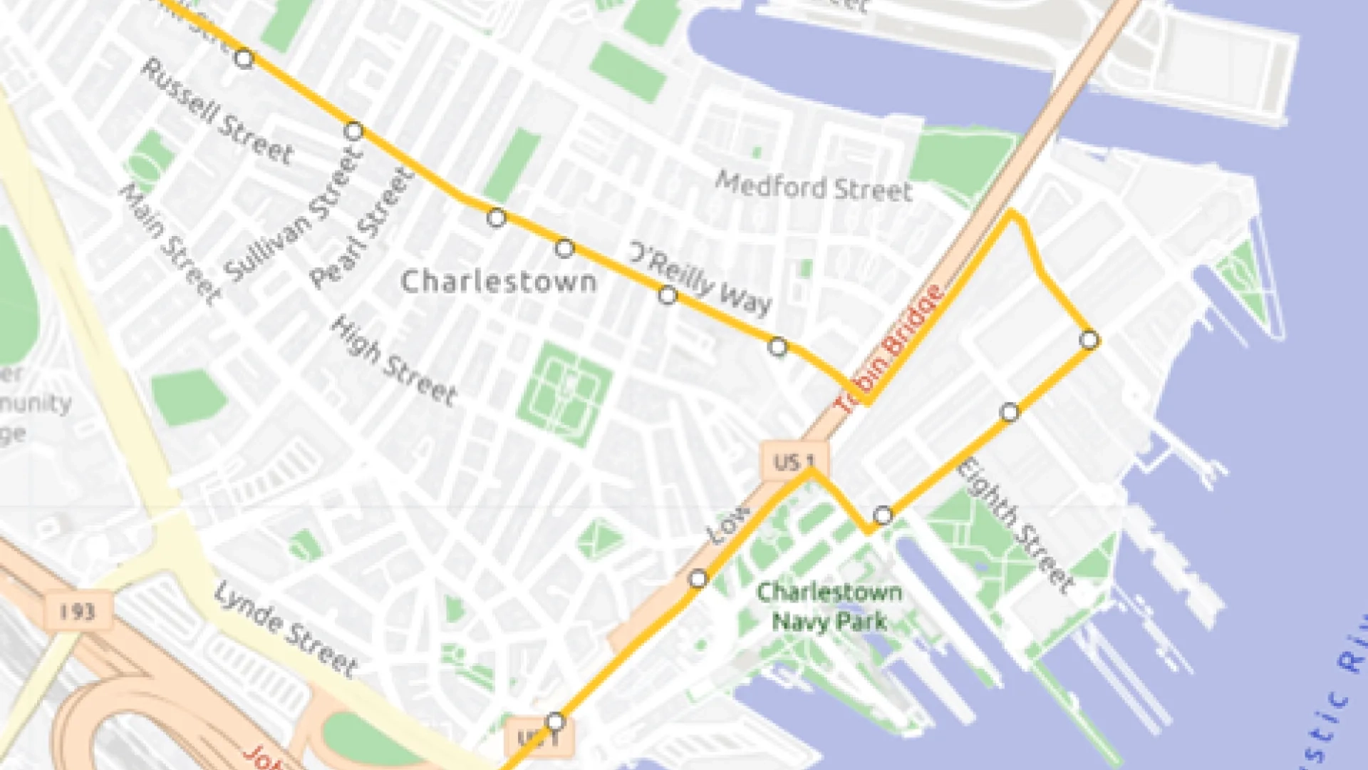 yellow line with circles for stops runs through map of charlestown