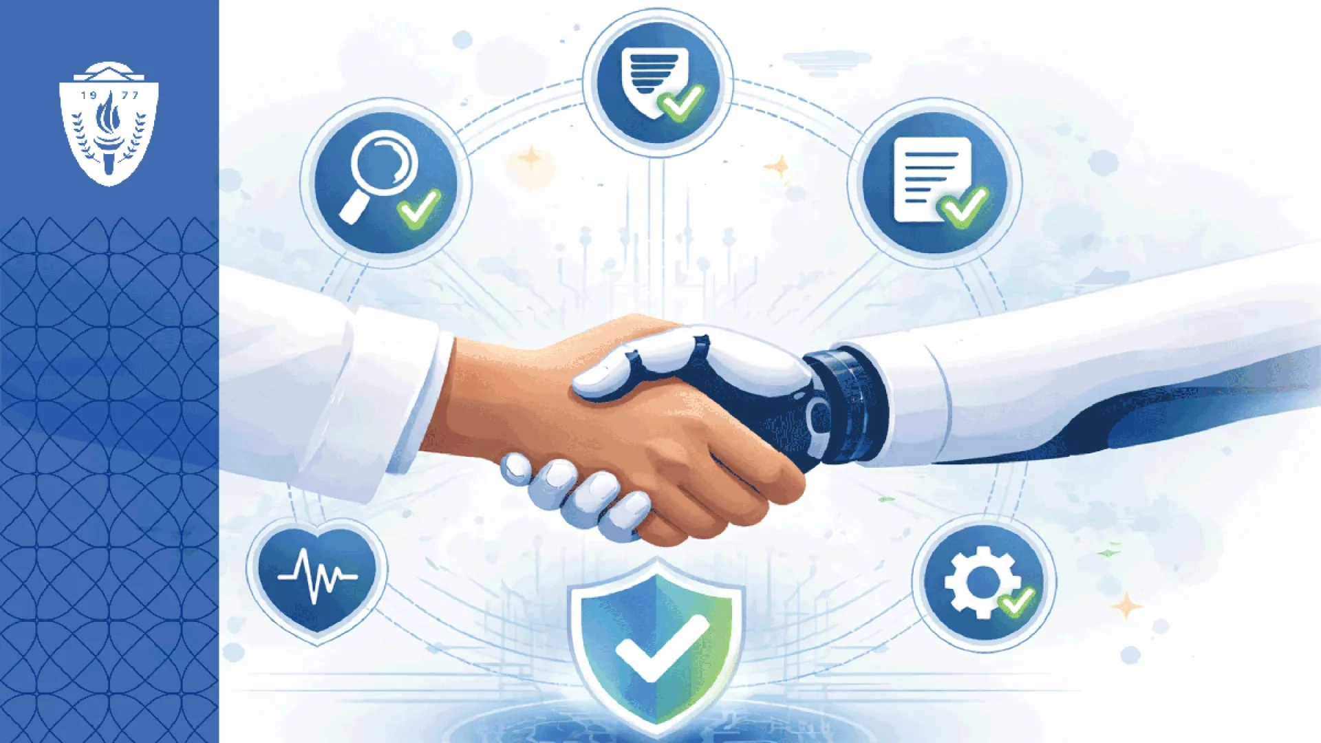 robot hand shaking hands with a human hand with little checked circles around them indicating health, systems, research and publishing