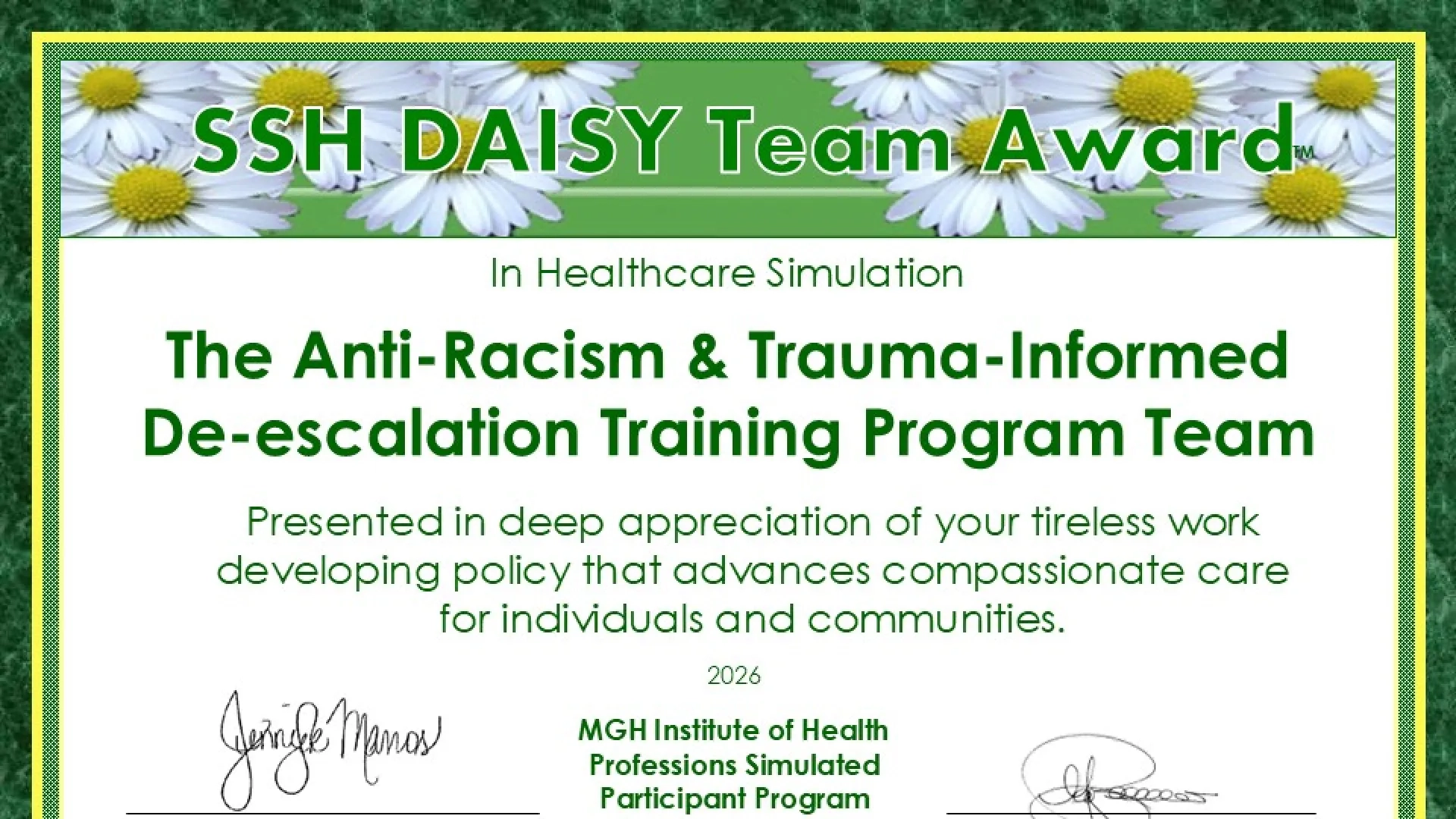 A certificate for the SSH Daisy Team Award