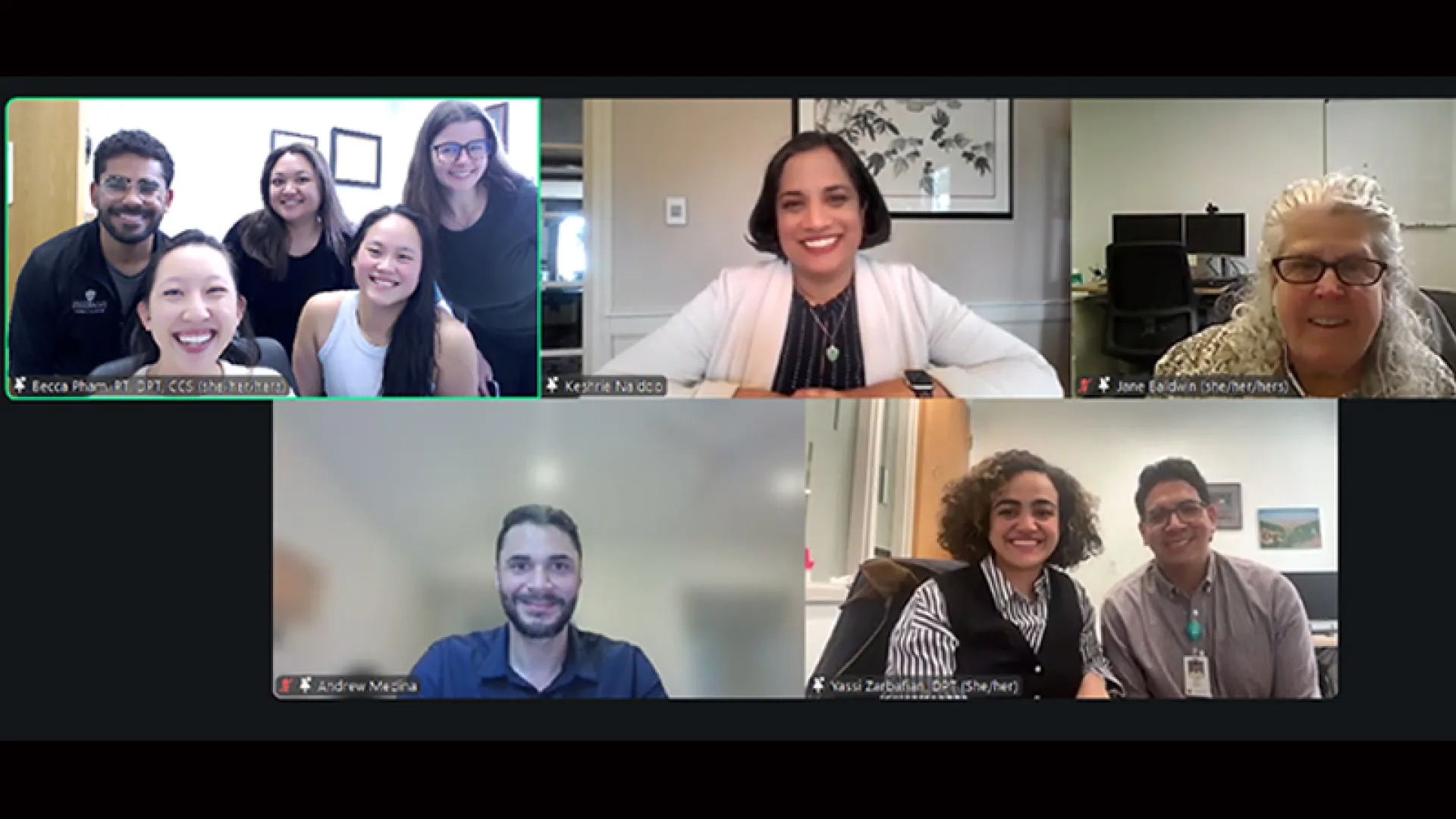 A computer screen showing the groups of people on a Zoom meeting for a physical therapy health equity conference