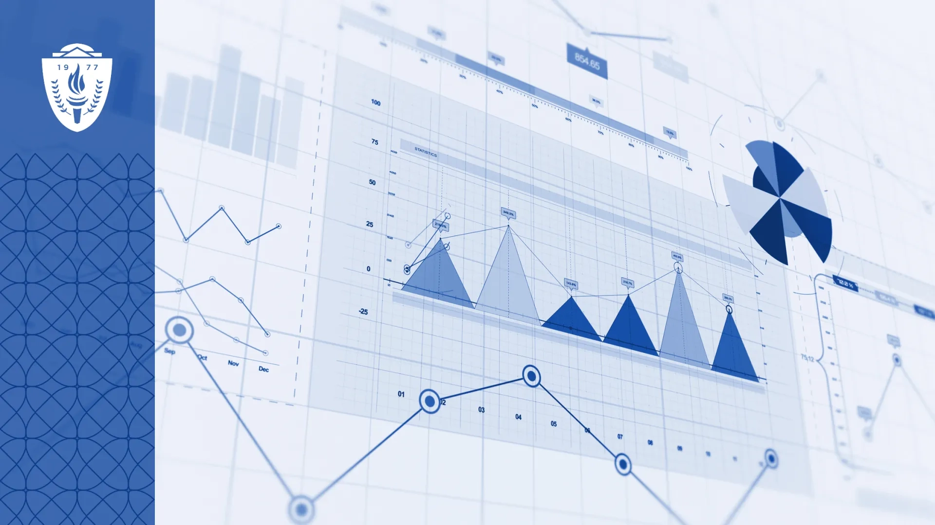 Mixture of bar graphs, line graphs, and pie charts in various shades of blue