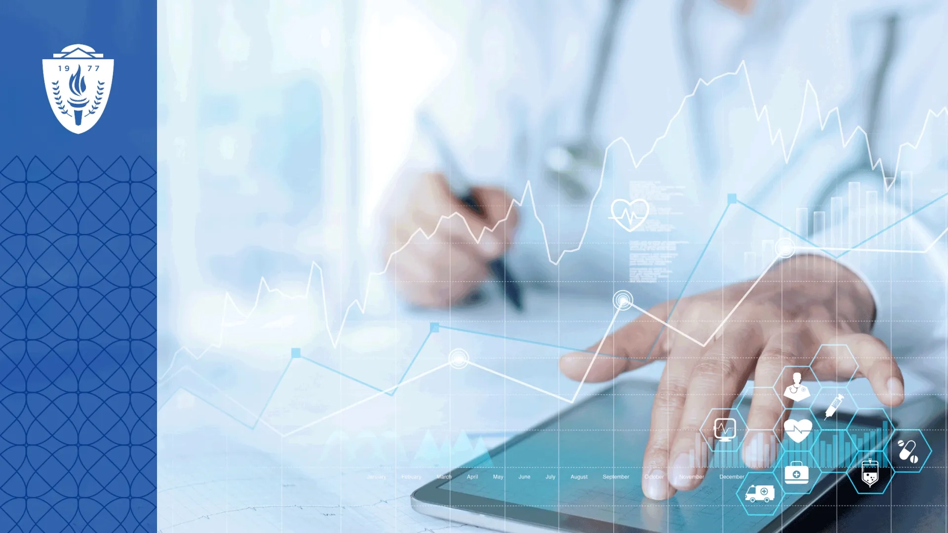 A tablet laying on a desk while someone types on it and holds a marker in their other hand.