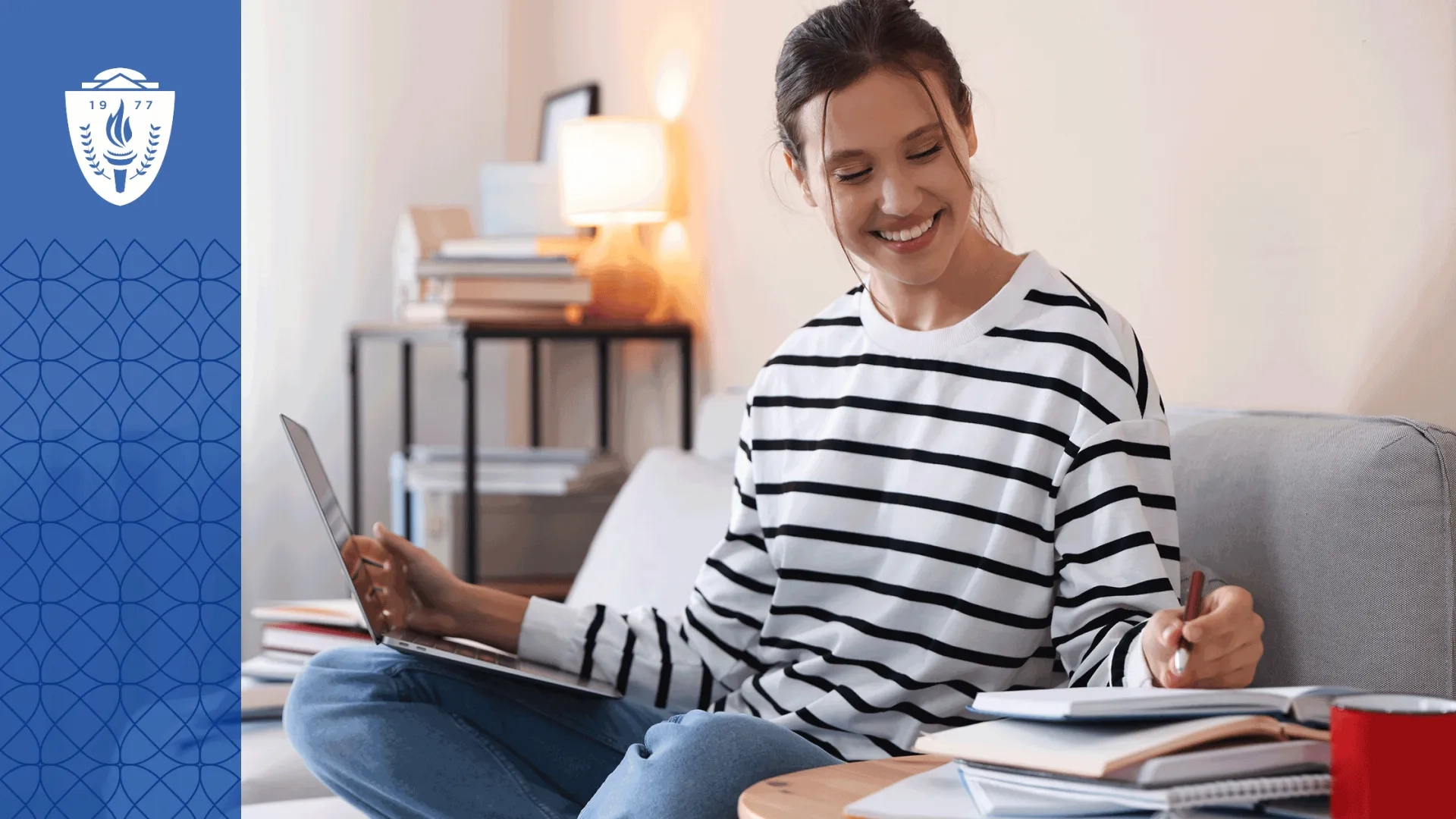 Adult learner studies nursing coursework at home during a career transition.  