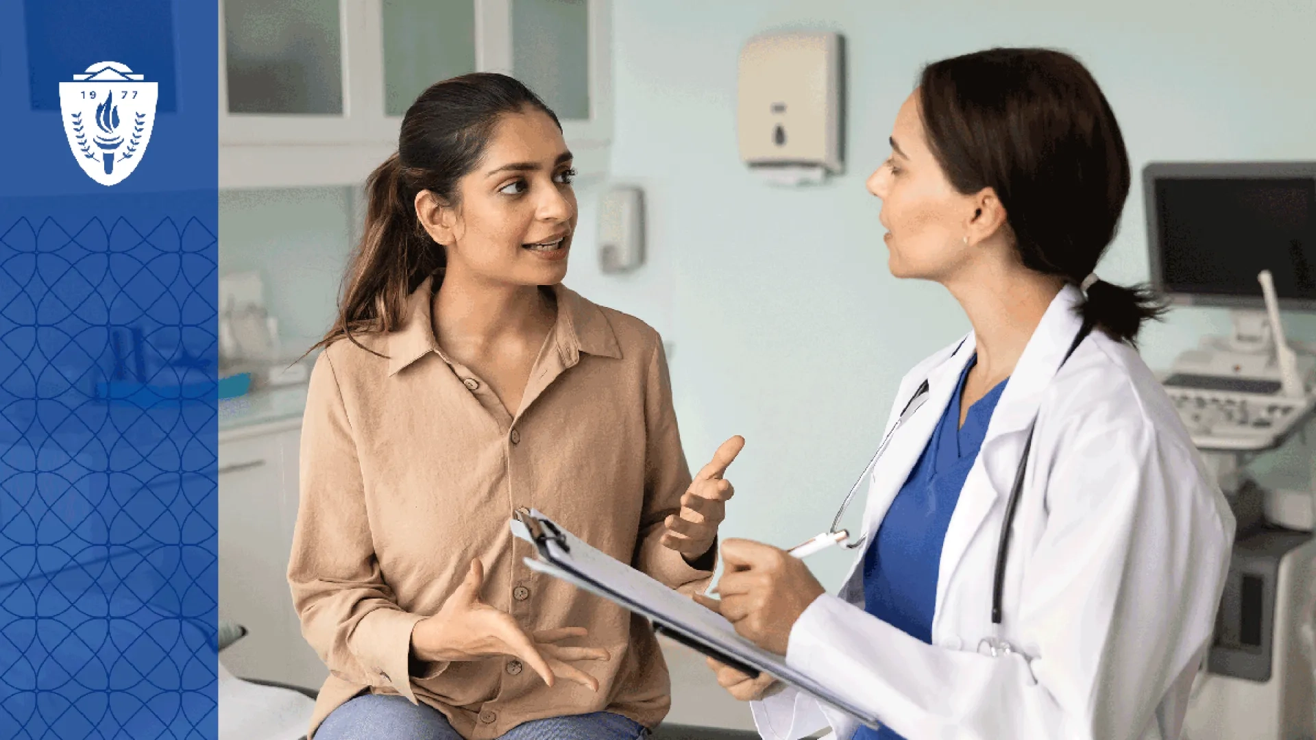 a Women's Health Nurse Practitioner in a white lab coat makes a note as a woman sitting on an exam table talks