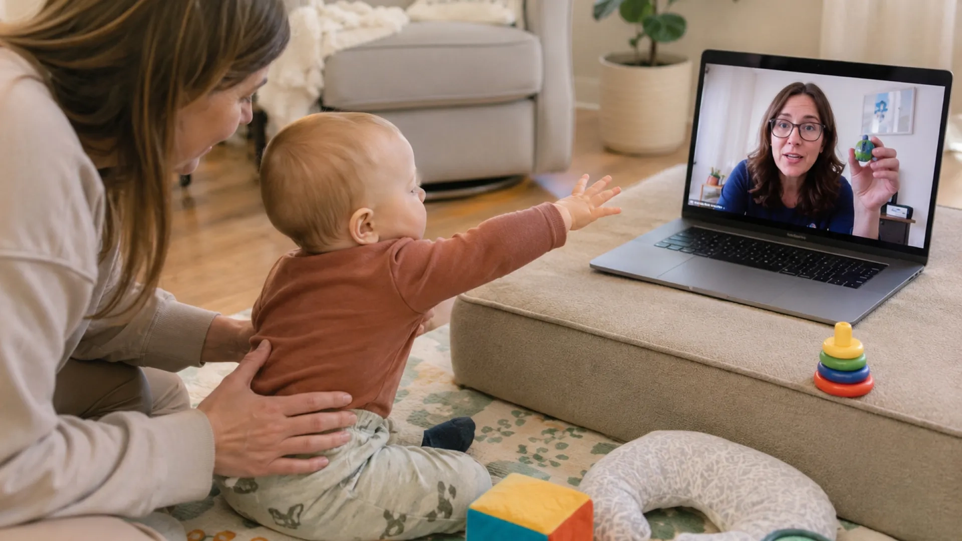 an adult woman holds her baby in a sitting position as it reaches for a toy a woman is holding on a laptop screen
