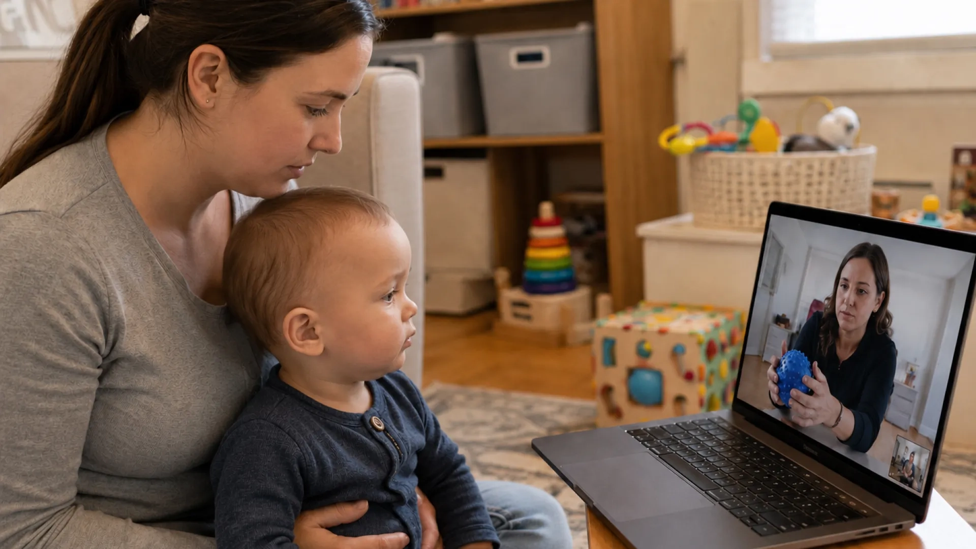 woman sits with her toddler on her lap as he participates in a virtual motor skills session on a laptop