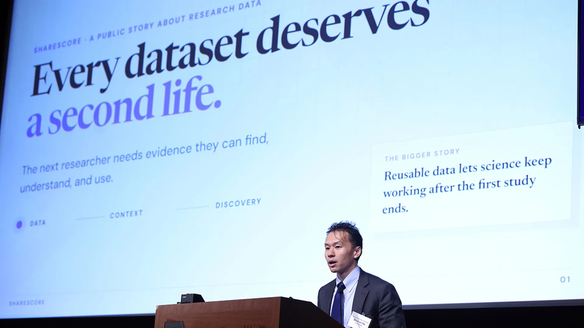 Master of Science in Healthcare Data Analytics Shuhan He presents information about sharing data
