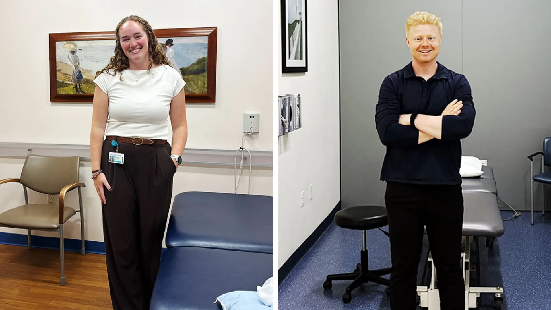 Two photos of the residents in the Sports Physical Therapy Residency Program standing in exam rooms