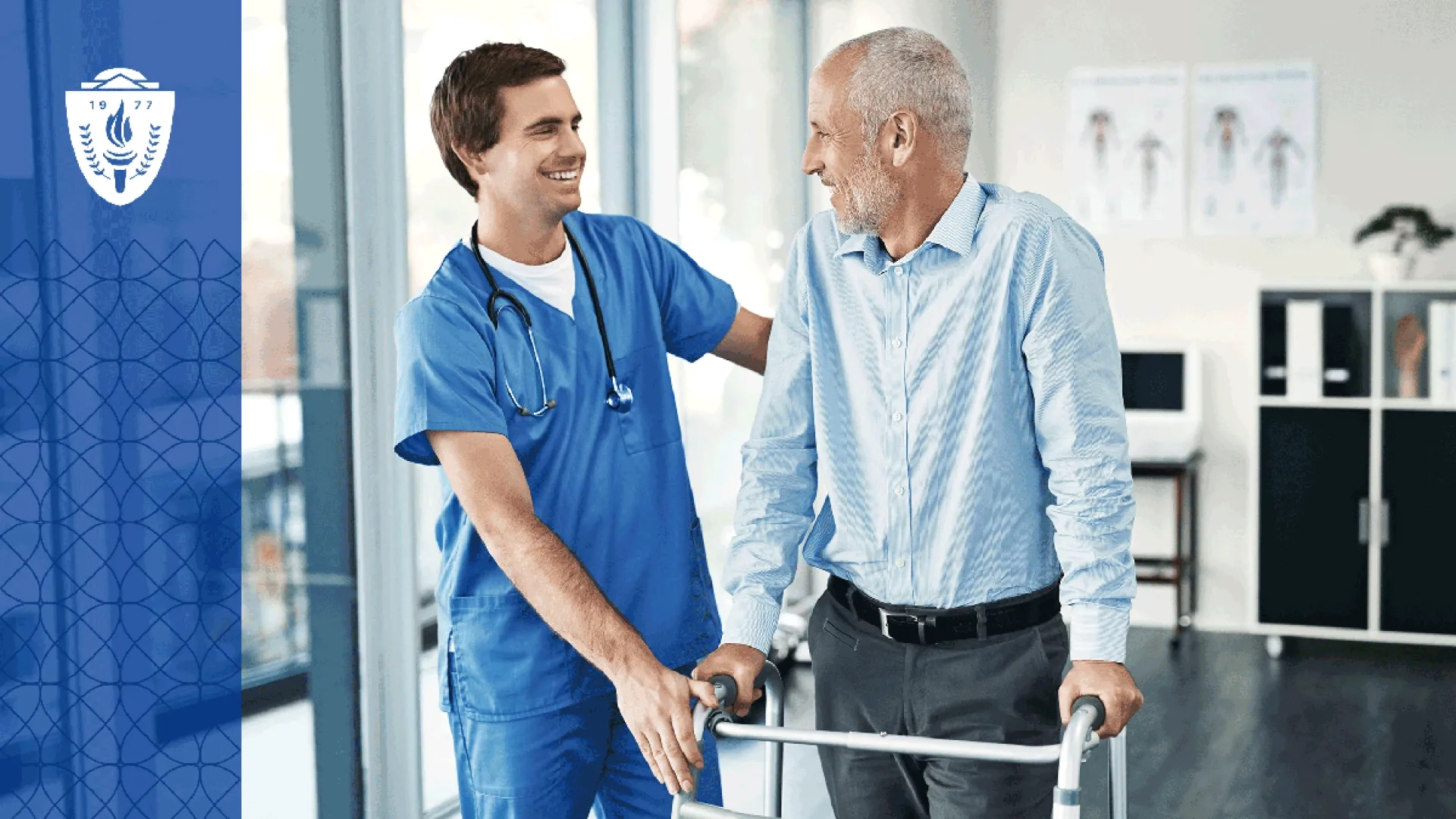 Male nurse in blue scrubs assisting an eldery man using a walker