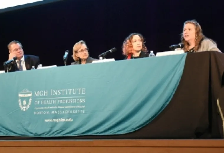 Panelists at the 2019 Ann W. Caldwell Lecture: Interprofessional Rounds were (l-r): Dr. Ronald Tompkins; Lisa Hall, RN; Robie Robitaille; and Rivka Solomon.