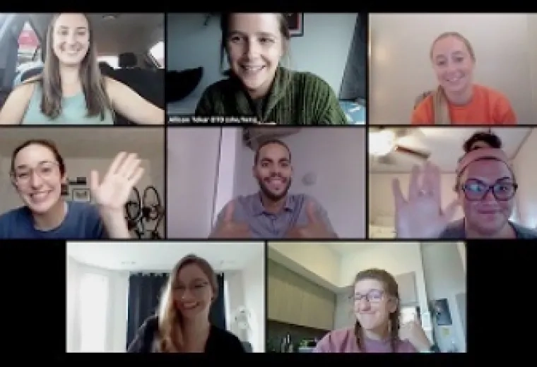 Eight people on a zoom call.