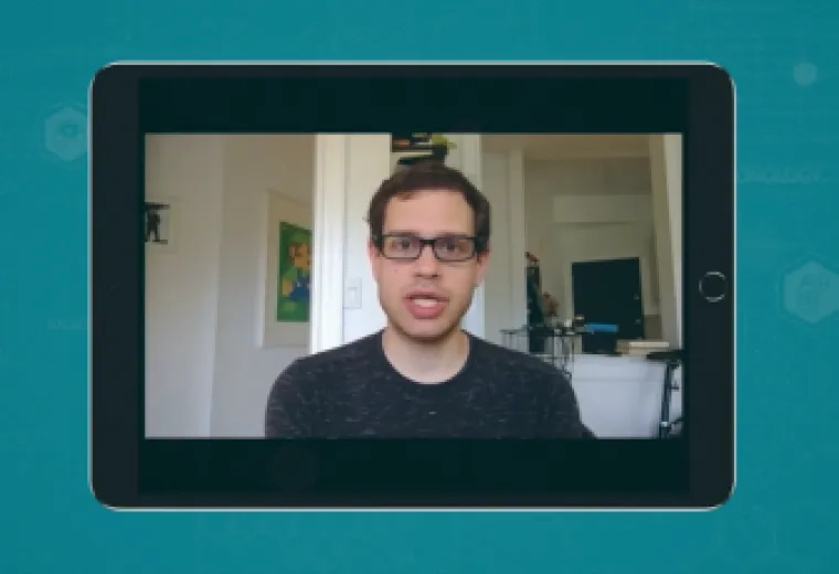 NP student inside of an iPad screen, teal background.