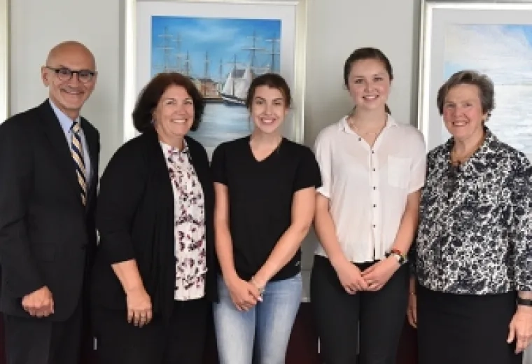 (L-R) David Storto, President of Partners Continuing Care and Spaulding Rehabilitation Network; Jean Bernhardt, Director, MGH Charlestown Health Care Center; scholarship recipients Kiley Doris & Emily Ringrose; Paula Milone-Nuzzo, President, MGH Institute