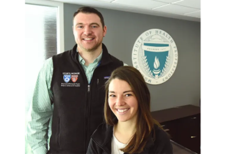 (L-R) Thomas Doucette, PA '18, Kelly Moscariello, ABSN '20 2019 Boston Marathon runners for Team IHP.