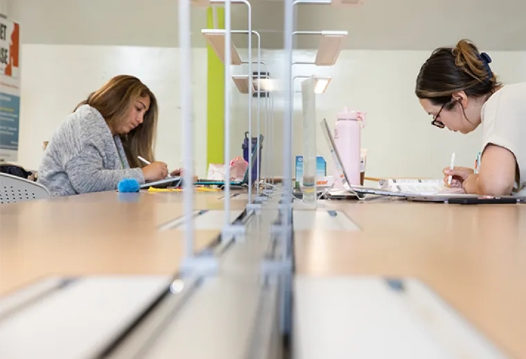 two women write at a desk