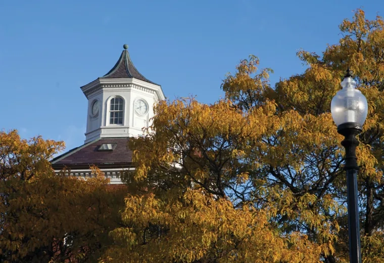 The top of a building with a bright blue sky in the backround