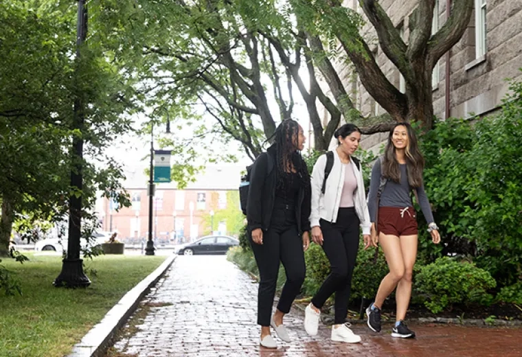 Three women walk on a stone path past trees and grass and lamp posts