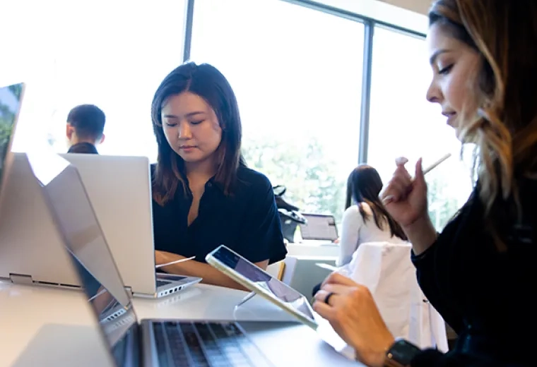 two women study on laptops in lounge