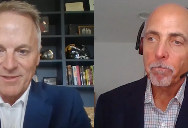 Photos of Boston Scientific CEO Michael Mahoney, left, and IHP Trustee Michael Jaff discuss the growing collaboration between the company and the school.