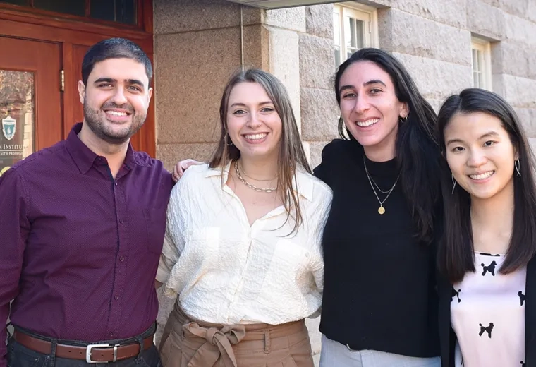 Photo of Genetic Counseling students (l-r) Amin Zarkesh, Abigail Sveden, Gwen Muscato, and Pei- Chen (Emily) Hsieh.