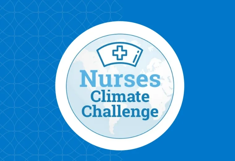 nurses climate challenge logo has an illustration of an earth with a nursing cap on it