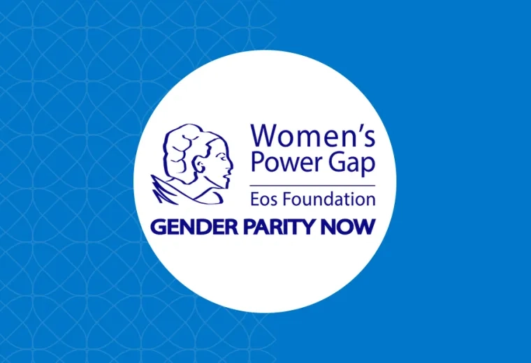 logo has illustration of a woman's head with women's power gap EOS foundation gender parity now