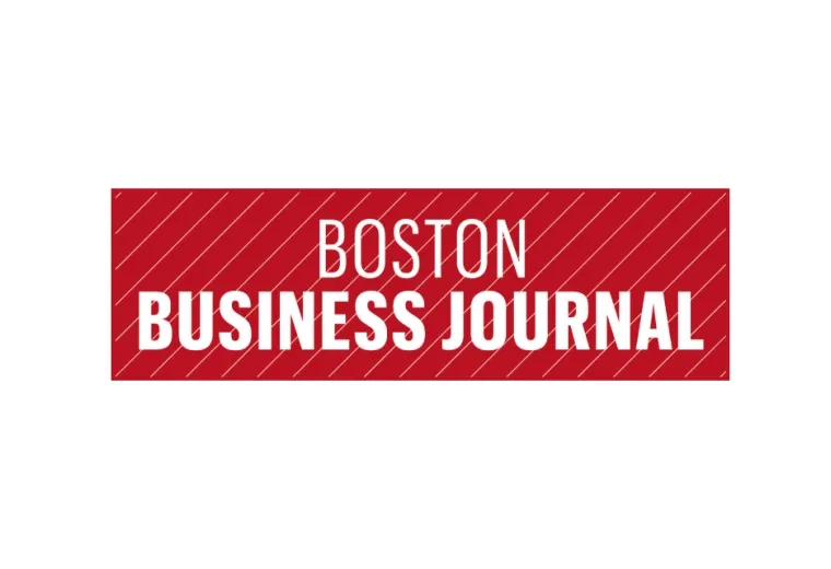 white letters boston business journal over a red box