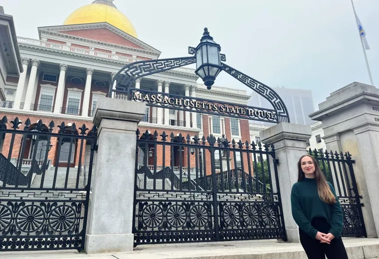 Mary O'Donnell stands in front of State House
