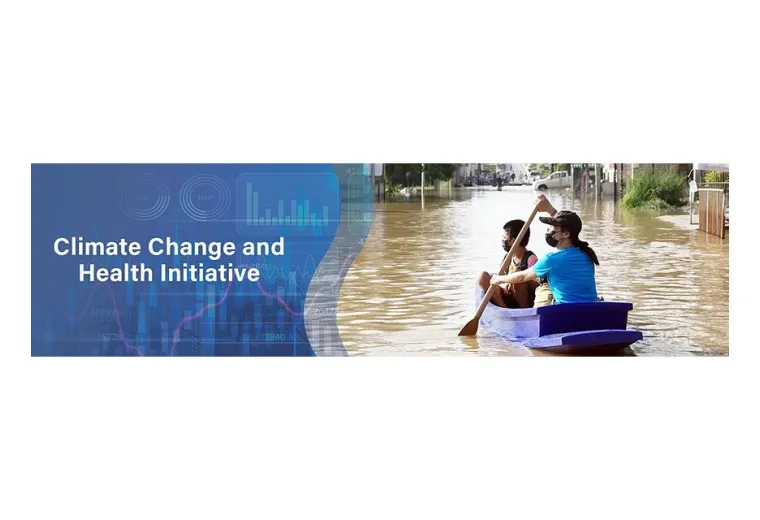 people in masks row down a flooded street in a canoe next to the words "climate change and health initiative"