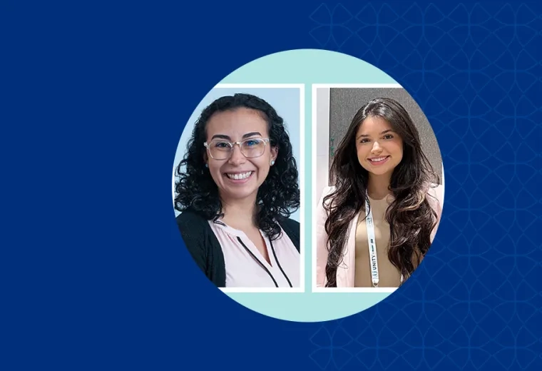 melany wears clear framed glasses and a pink blouse, barbara has long wavy dark hair