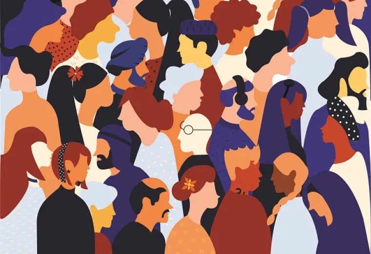 illustration of a crowd of people as seen from their profiles they are in all different shades of white, yellow, brown and black