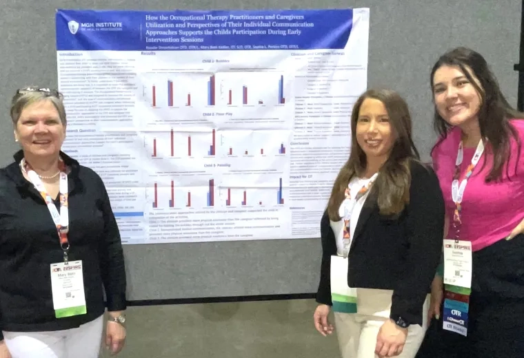 3 people smiling in front of a research poster