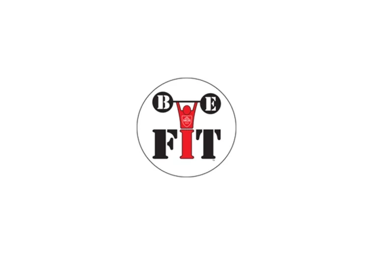 illustration of a human in red lifting barbells that say BE, while the person's body makes up the I in the word FIT