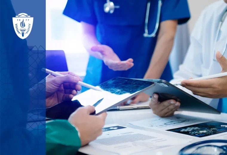 closeup of hands using tablets, the people are wearing lab coats and stethoscopes