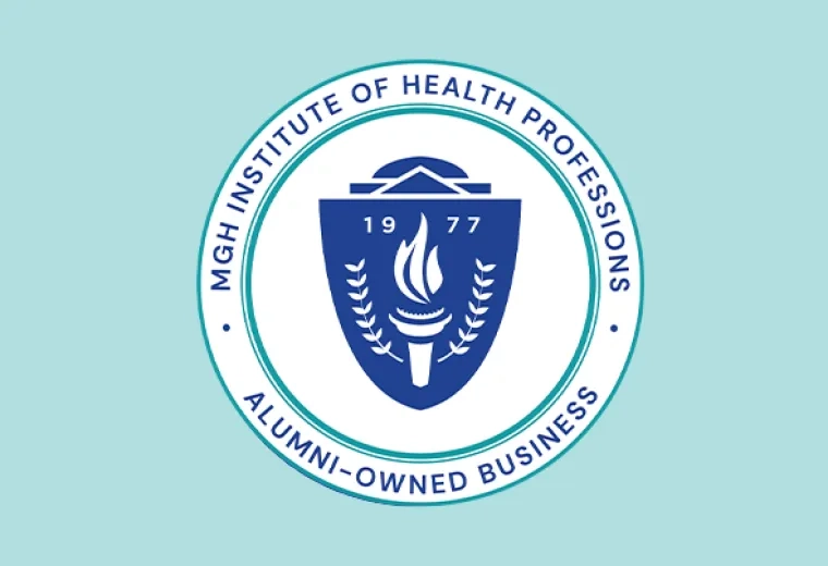 green and blue circle around a shield says MGH institute of health professions alumni owned business