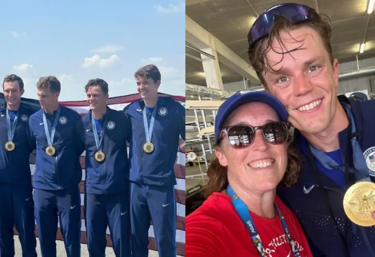 Four men stand wearing gold medals while holding an American flag behind them and a woman poses with a man showing his gold medal