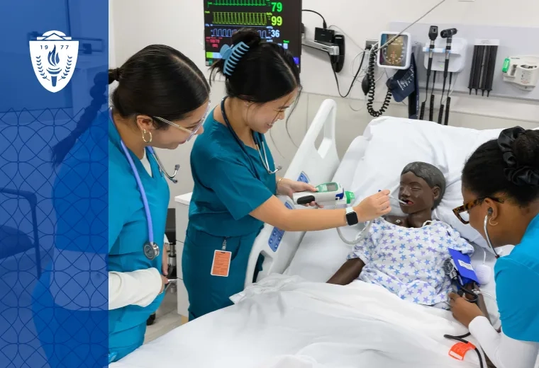 three women in scrubs attend to a manikin boy in a hospital bed
