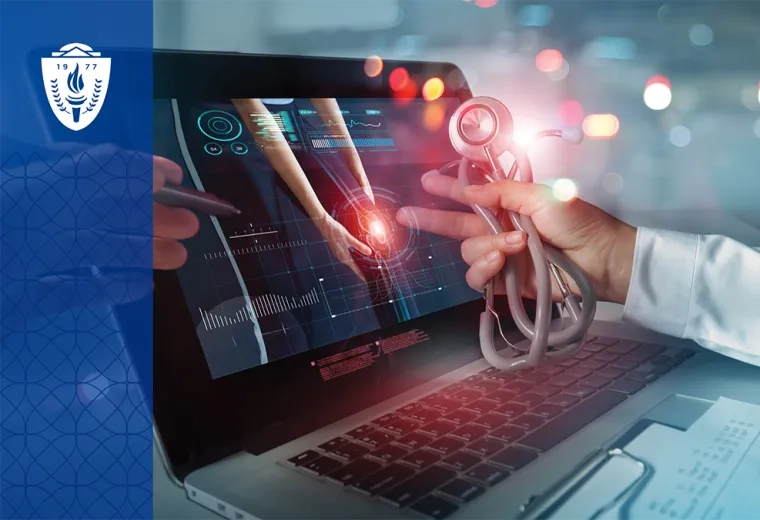 abstract lights indicating data swirl around a laptop and stethoscope