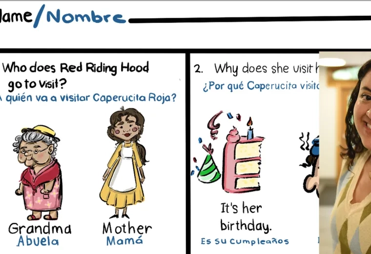 The photo of a woman appears over some drawings 