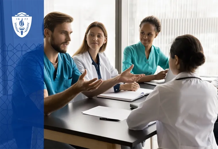 interprofessional group discussing a care plan