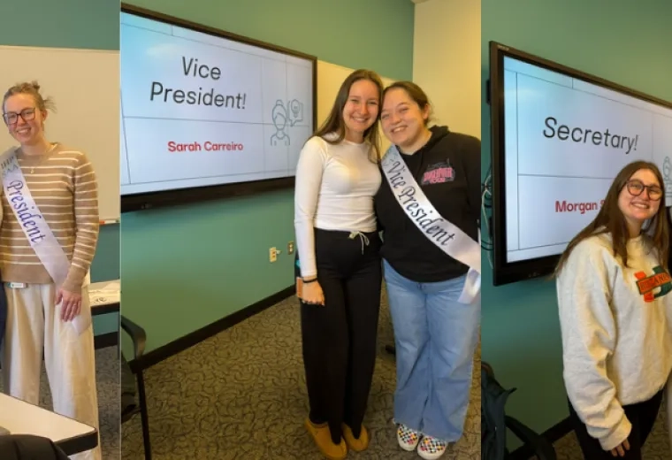 3 women with sashes in front screens