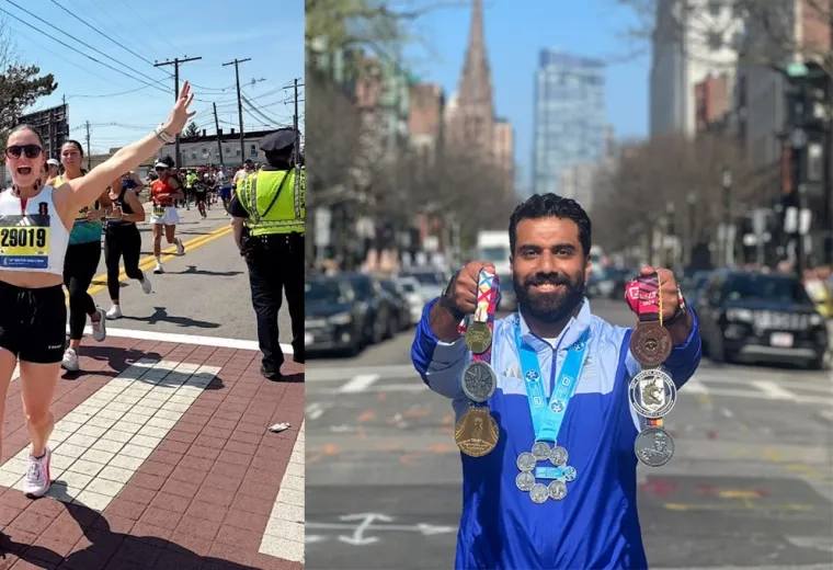 Two photos together one of a woman crossing a running race finish line and the other of a man holding multiple medals