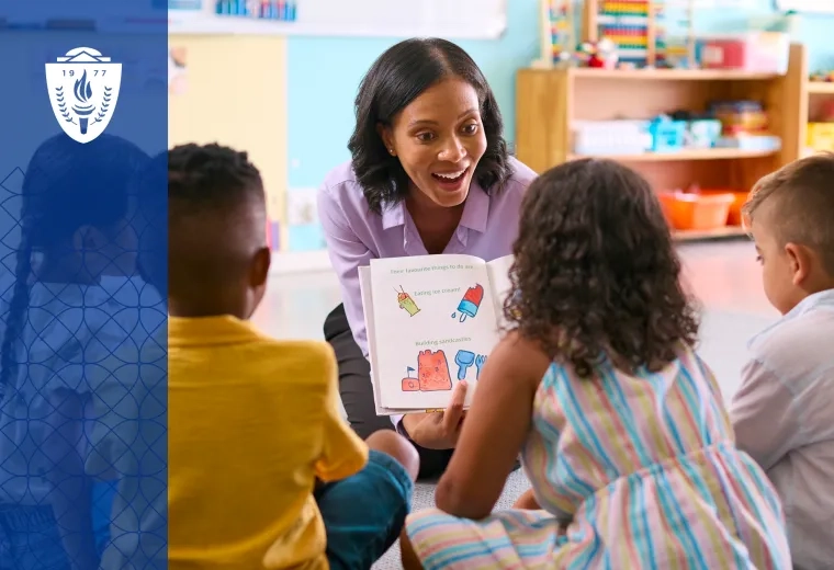 Teacher showing book to students