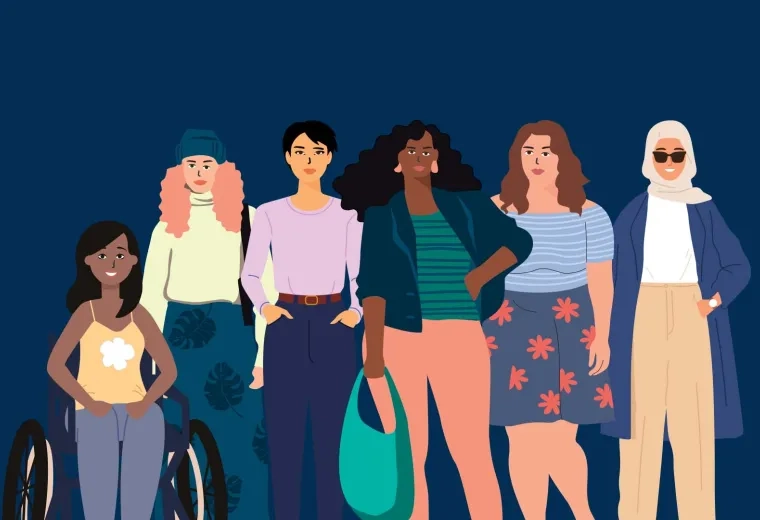 an illustration of a multi-race group, one in a wheelchair, standing together