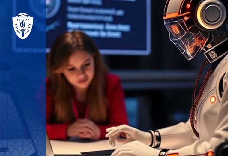 Robot at a disk with it's hand on the table. Woman with brown hair sitting in the background.