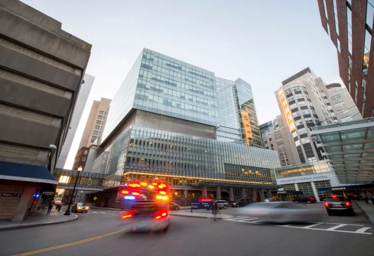 ambulance pulling into a hospital building