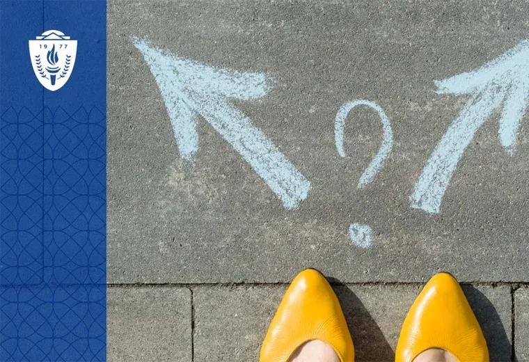 Two arrows painted in chalk on a sidewalk. One pointing left and one pointing right with a question mark in between.