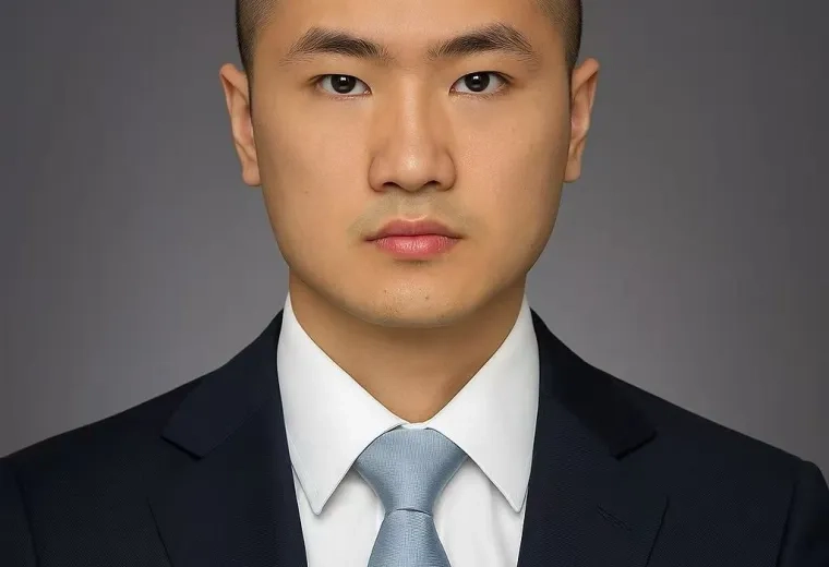 Headshot of Man wearing a white shirt, blue necktie, and black jacket against a solid dark gray background.