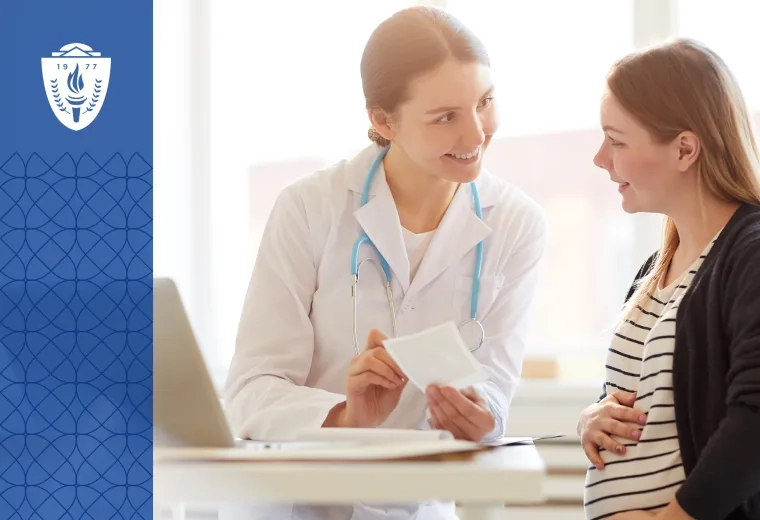 Woman wearing white lab coat and stethoscope review a document with a patient